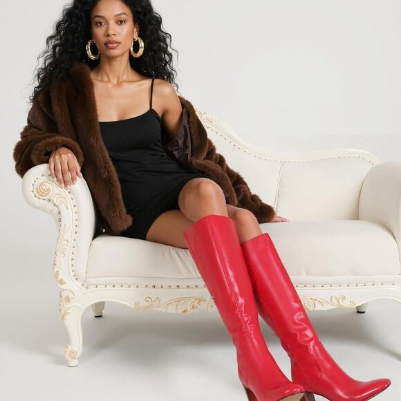 Women Knee High Boots Faux Leather Waterproof Chunky Heel Square Toe - Picture 4 of 6